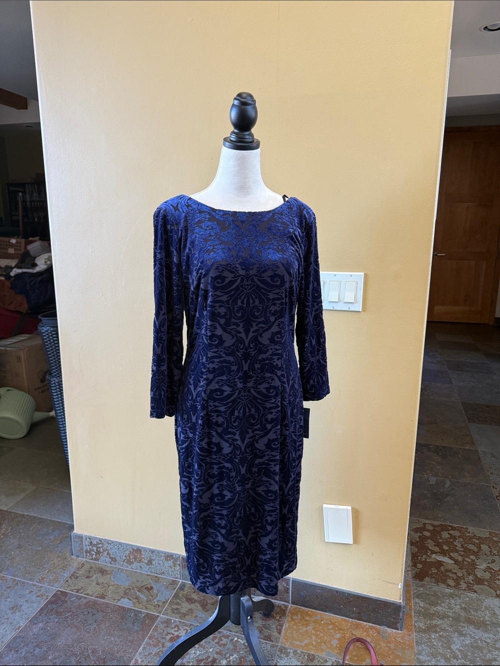 Navy Burnout Velvet Long-Sleeve Dress